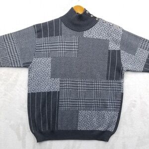 Vintage Sweater Women S Gray 100% Wool Mixed Pattern Houndstooth Oversize 90's‎